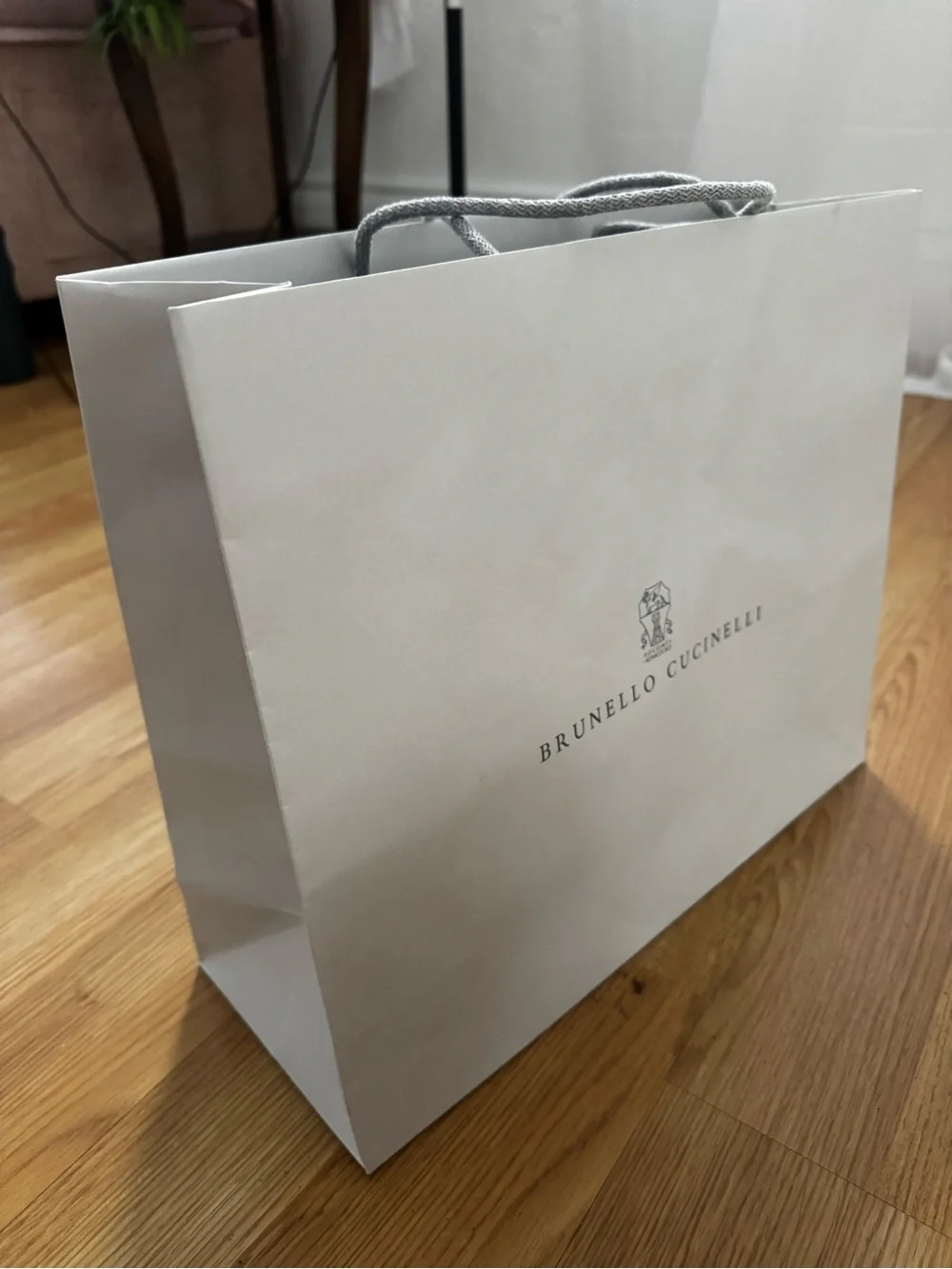Brunello Cucinelli White Paper Shopping Bag with Gray Rope Handles